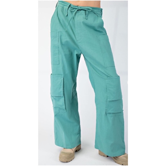 Easel Teal Green Cotton Wide leg Cargo Pants - Picture 1 of 3